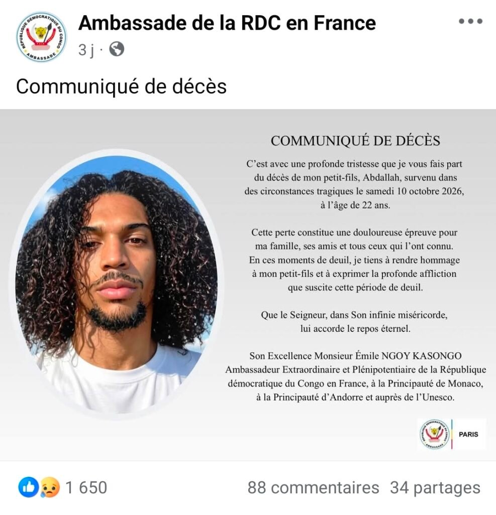 Communiqué de décès d’Abdallah publié par l’Ambassade de la RDC en France et signé par l’ambassadeur Émile Ngoy Kasongo